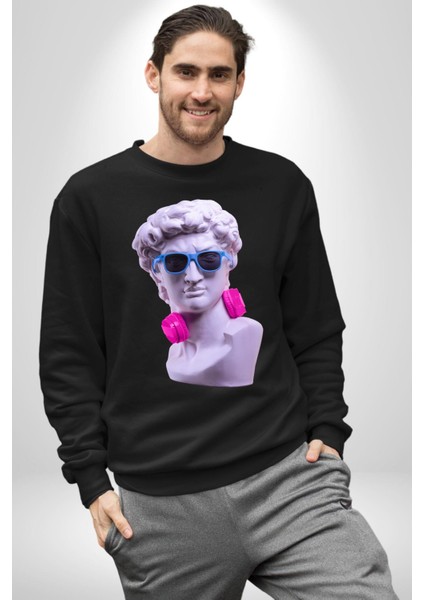 Kulaklık Gözlük Pop Art Heykel Kadın Erkek Siyah Sweatshirt