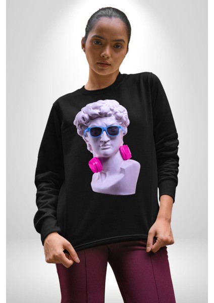Kulaklık Gözlük Pop Art Heykel Kadın Erkek Siyah Sweatshirt