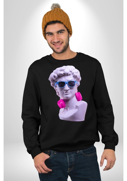 Kulaklık Gözlük Pop Art Heykel Kadın Erkek Siyah Sweatshirt