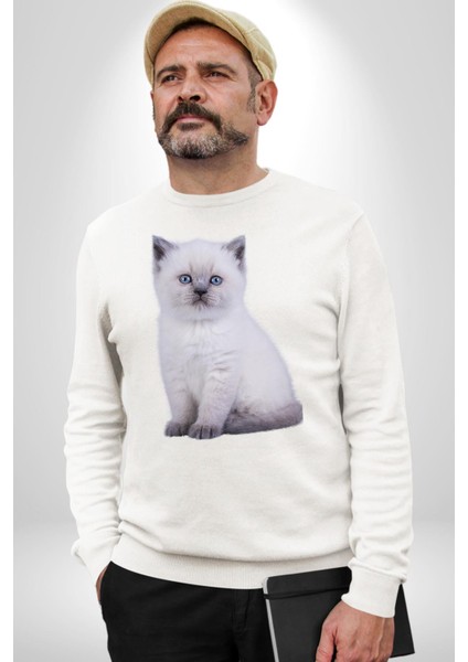 Beyaz Yavru Kedi Kadın Erkek Beyaz Sweatshirt
