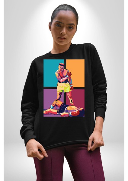 Muhammed Ali Boks Ayağa Kalk ve Dövüş Kadın Erkek Siyah Sweatshirt