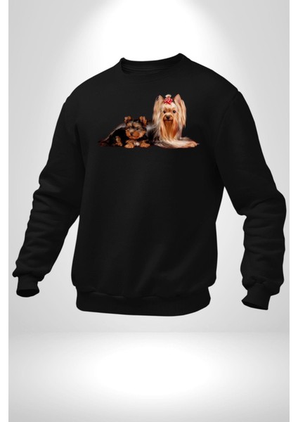 Yorkshire Teacup ve Anne Köpek Kadın Erkek Siyah Sweatshirt