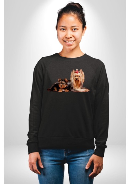 Yorkshire Teacup ve Anne Köpek Kadın Erkek Siyah Sweatshirt