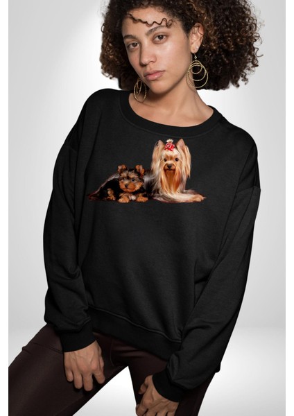 Yorkshire Teacup ve Anne Köpek Kadın Erkek Siyah Sweatshirt