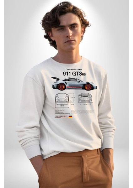 Porche 911GT3 Rs Yarış Araba Kadın Erkek Beyaz Sweatshirt