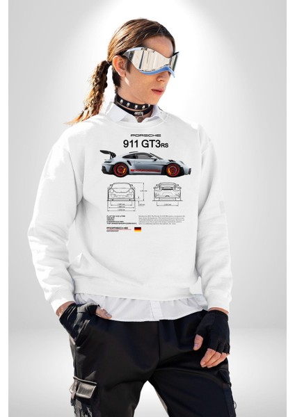 Porche 911GT3 Rs Yarış Araba Kadın Erkek Beyaz Sweatshirt