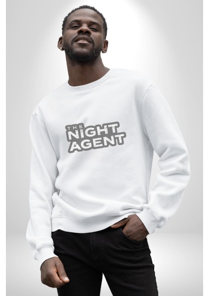 The Night Agent Kadın Erkek Beyaz Baskılı Sweatshirt