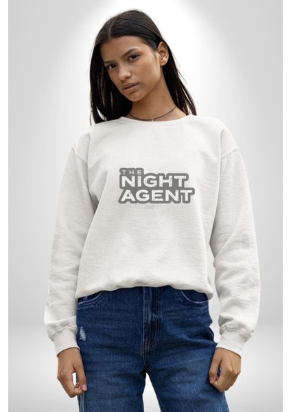 The Night Agent Kadın Erkek Beyaz Baskılı Sweatshirt modelleri