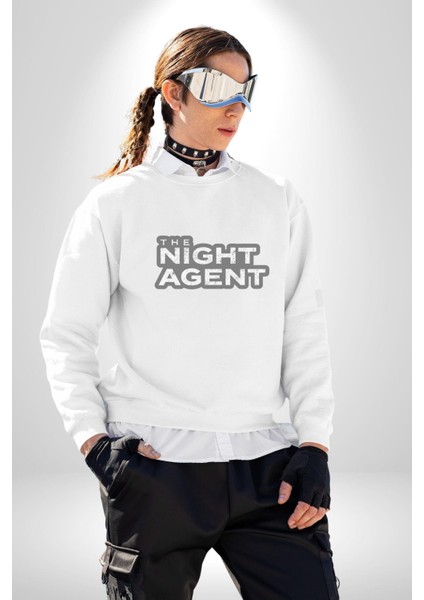 The Night Agent Kadın Erkek Beyaz Baskılı Sweatshirt fırsatları