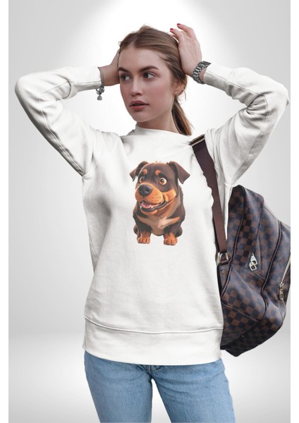 Sevimli Çoban Köpeği Kadın Erkek Beyaz Baskılı Sweatshirt