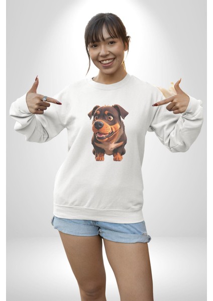 Sevimli Çoban Köpeği Kadın Erkek Beyaz Baskılı Sweatshirt modelleri