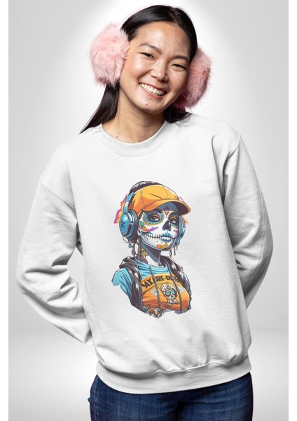 Robot Kız Müzik Kulaklık Şapka Kadın Erkek Beyaz Baskılı Sweatshirt