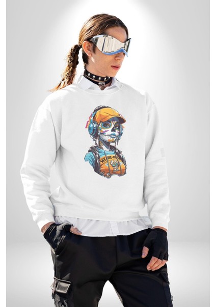 Robot Kız Müzik Kulaklık Şapka Kadın Erkek Beyaz Baskılı Sweatshirt fiyatları