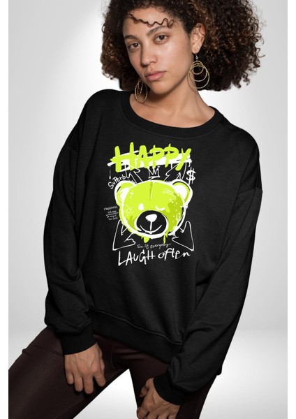 Sık Sık Mutlu Gülmek Teddy Bear Kadın Erkek Siyah Sweatshirt
