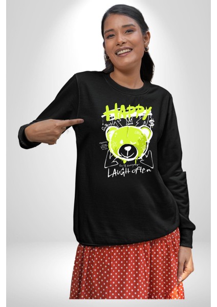 Sık Sık Mutlu Gülmek Teddy Bear Kadın Erkek Siyah Sweatshirt fiyatları