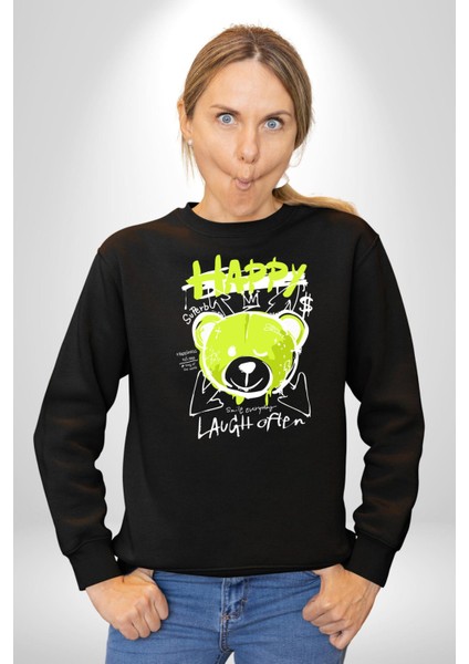 Sık Sık Mutlu Gülmek Teddy Bear Kadın Erkek Siyah Sweatshirt modelleri