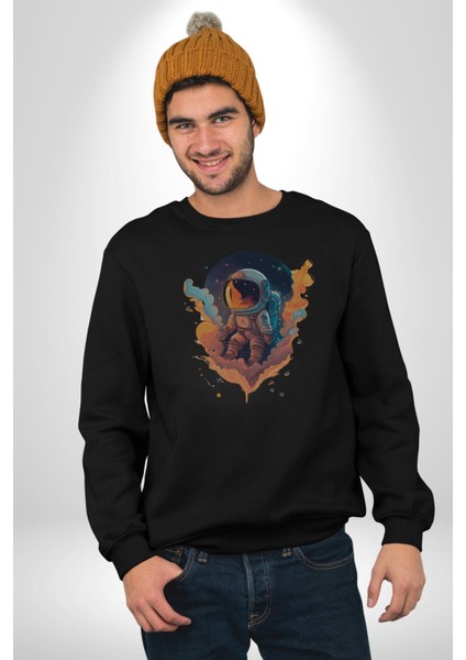 Bulutlar Astronot Uzay Kadın Erkek Siyah Baskılı Sweatshirt fiyatları