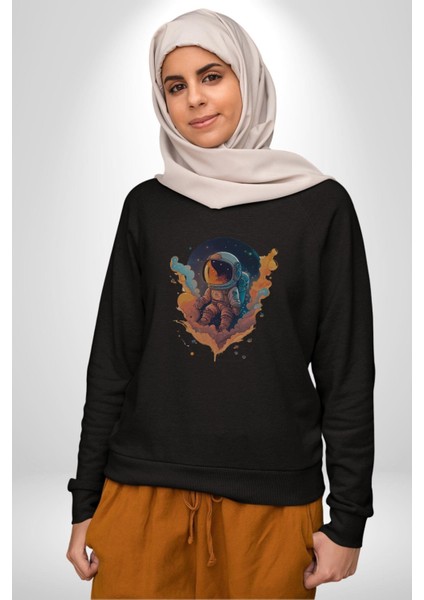 Bulutlar Astronot Uzay Kadın Erkek Siyah Baskılı Sweatshirt indirimleri