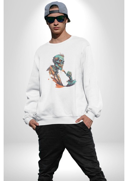 Zombi Iskelet Kendine Yumruk Kadın Erkek Beyaz Baskılı Sweatshirt
