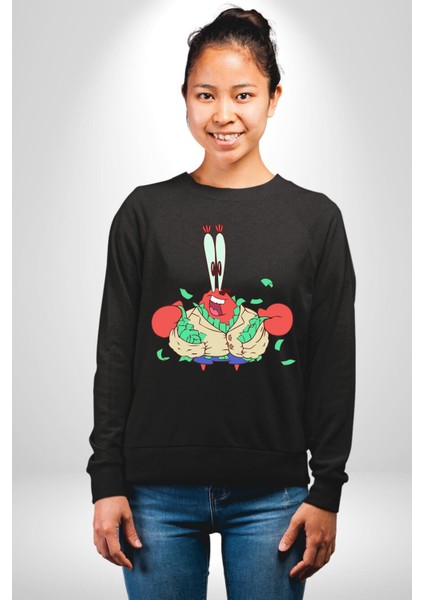 Mr Krabs Spongebob Zengin Kadın Erkek Siyah Sweatshirt