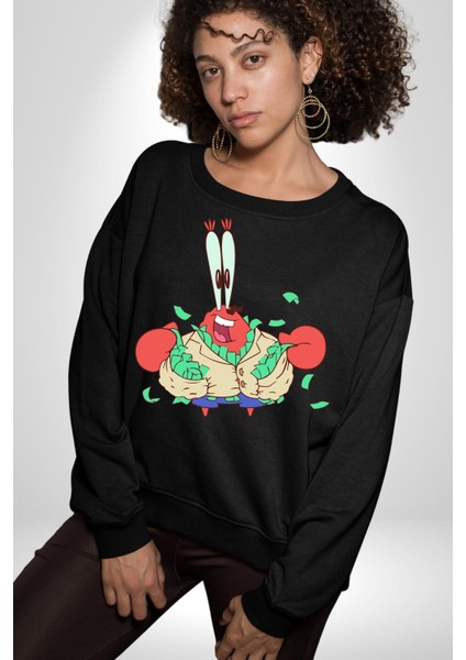 Mr Krabs Spongebob Zengin Kadın Erkek Siyah Sweatshirt