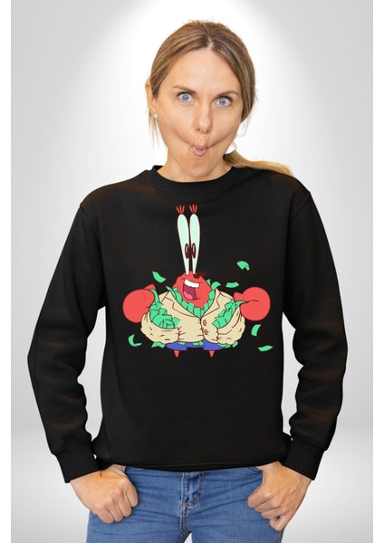Mr Krabs Spongebob Zengin Kadın Erkek Siyah Sweatshirt