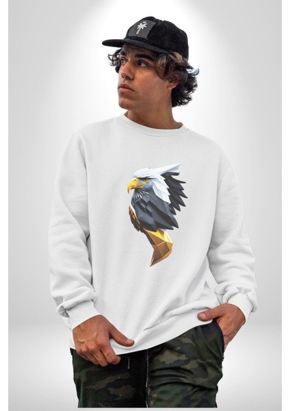 Yapay Zeka Kartal Kuş Tasarımı Kadın Erkek Beyaz Baskılı Sweatshirt