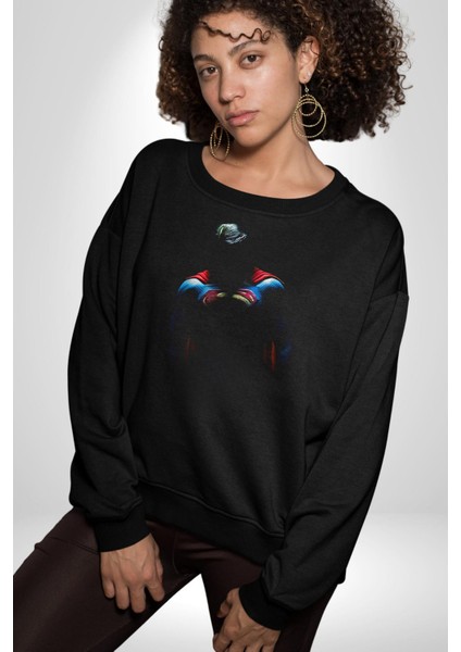 Superman Karakter Kadın Erkek Siyah Sweatshirt
