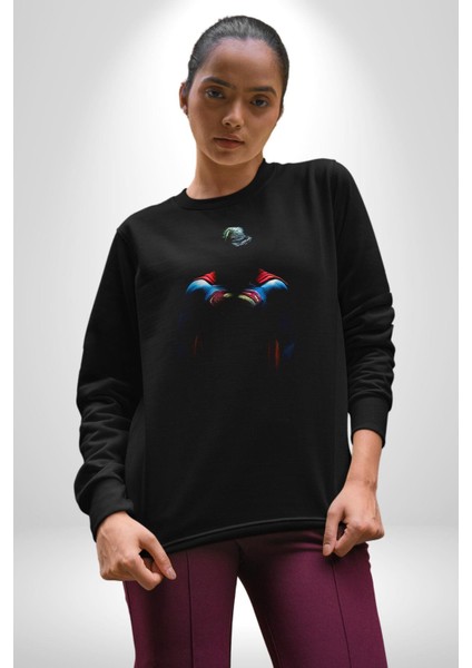 Superman Karakter Kadın Erkek Siyah Sweatshirt