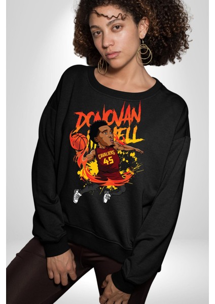 Donovan Mitchell Basketbol Karikatür Kadın Erkek Siyah Sweatshirt