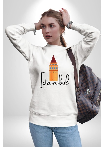 Istanbul Galata Kulesi Kadın Erkek Beyaz Sweatshirt modelleri