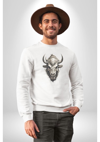 Bizon Inek Kafatası Kurumuş Kadın Erkek Beyaz Baskılı Sweatshirt
