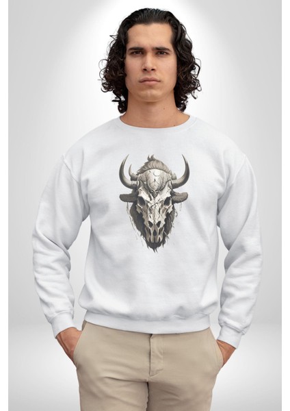 Bizon Inek Kafatası Kurumuş Kadın Erkek Beyaz Baskılı Sweatshirt modelleri