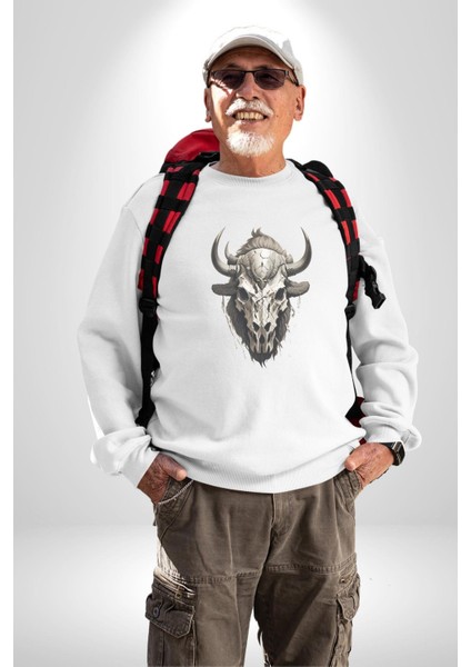 Bizon Inek Kafatası Kurumuş Kadın Erkek Beyaz Baskılı Sweatshirt fırsatları