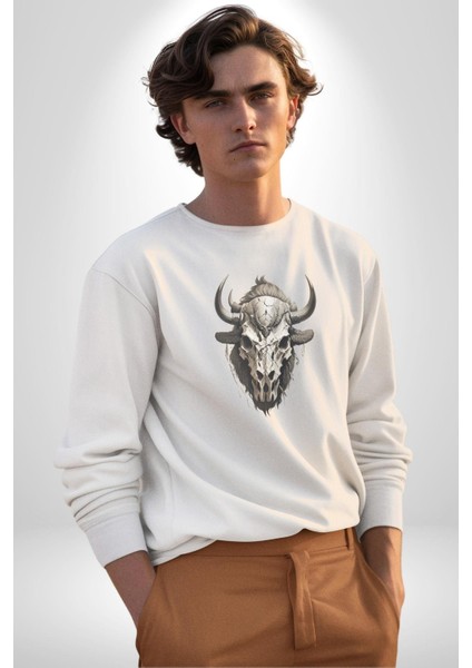 Bizon Inek Kafatası Kurumuş Kadın Erkek Beyaz Baskılı Sweatshirt indirimleri