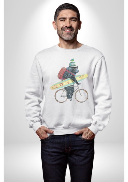 Komik Köpek Sörf Tahtası Bisiklet Kadın Erkek Beyaz Baskılı Sweatshirt