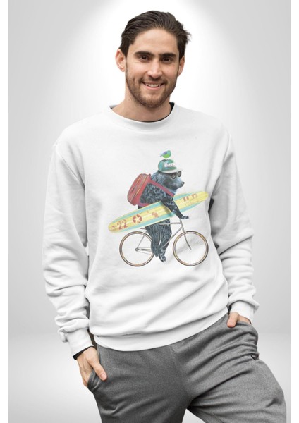 Komik Köpek Sörf Tahtası Bisiklet Kadın Erkek Beyaz Baskılı Sweatshirt fiyatları