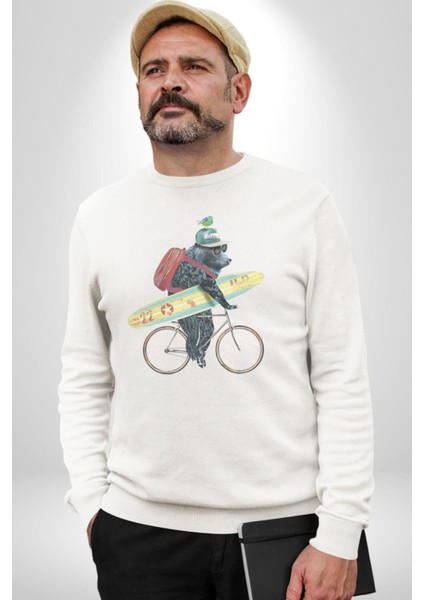 Komik Köpek Sörf Tahtası Bisiklet Kadın Erkek Beyaz Baskılı Sweatshirt fırsatları