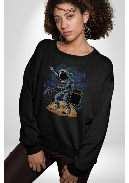 Gitar Astronot Müzik Uzay Kadın Erkek Siyah Baskılı Sweatshirt