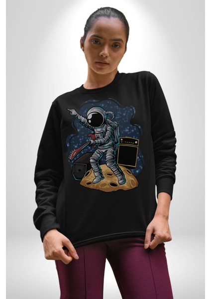 Gitar Astronot Müzik Uzay Kadın Erkek Siyah Baskılı Sweatshirt fiyatları