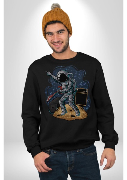 Gitar Astronot Müzik Uzay Kadın Erkek Siyah Baskılı Sweatshirt modelleri