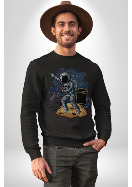 Gitar Astronot Müzik Uzay Kadın Erkek Siyah Baskılı Sweatshirt indirimleri