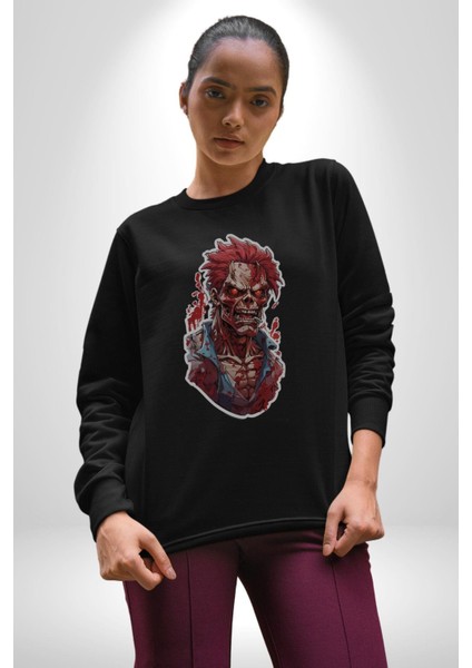Zombi Kırmızı The Walking Dead Kadın Erkek Siyah Baskılı Sweatshirt