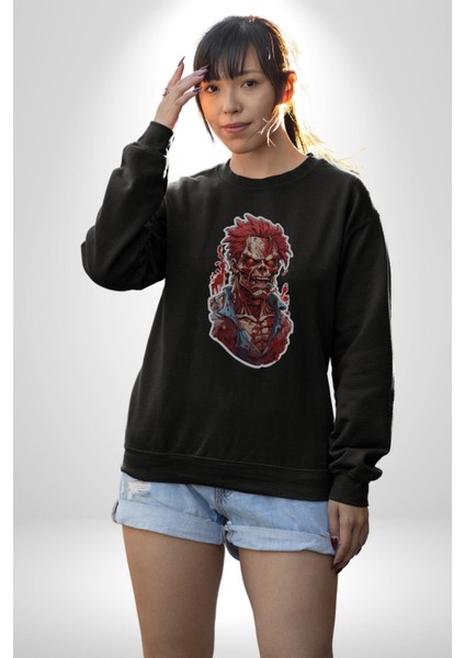Zombi Kırmızı The Walking Dead Kadın Erkek Siyah Baskılı Sweatshirt
