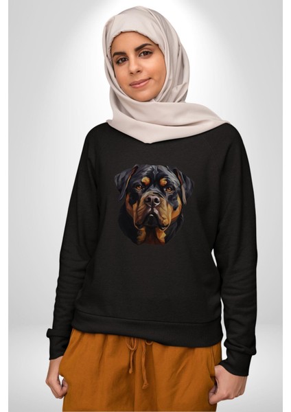Rottweiler Kafası Kadın Erkek Siyah Baskılı Sweatshirt