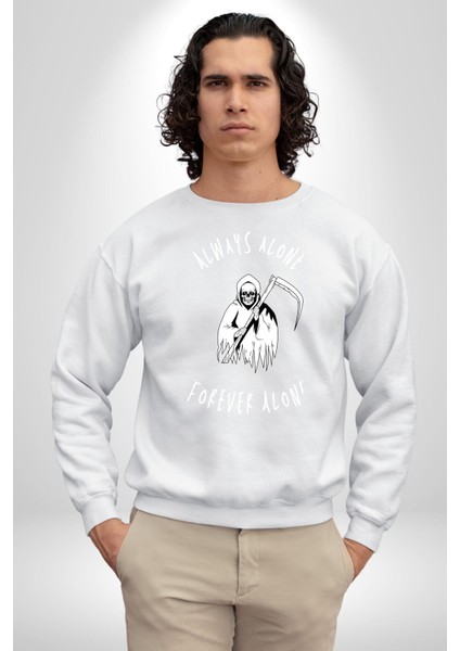 Her Zaman Yalnız Daima Yalnızlık Azrail Kadın Erkek Beyaz Sweatshirt indirimleri