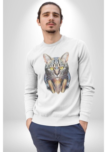 Kulaklık Kedi Kadın Erkek Beyaz Baskılı Sweatshirt