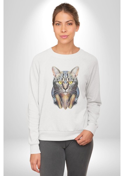 Kulaklık Kedi Kadın Erkek Beyaz Baskılı Sweatshirt fiyatları
