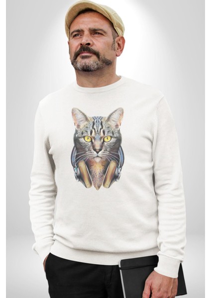 Kulaklık Kedi Kadın Erkek Beyaz Baskılı Sweatshirt modelleri