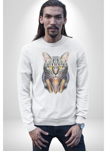 Kulaklık Kedi Kadın Erkek Beyaz Baskılı Sweatshirt fırsatları